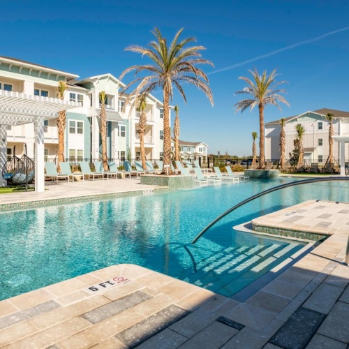 a swimming pool in a resort