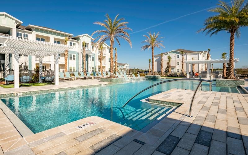 a swimming pool in a resort