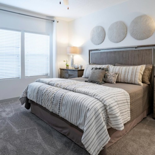 a bedroom with a bed and lamps