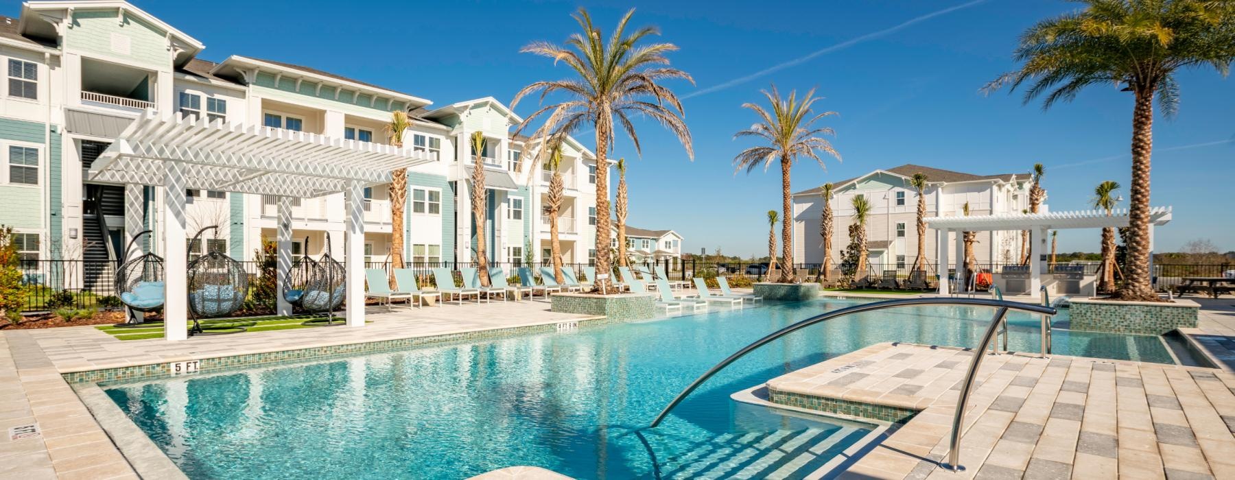 a swimming pool in a resort